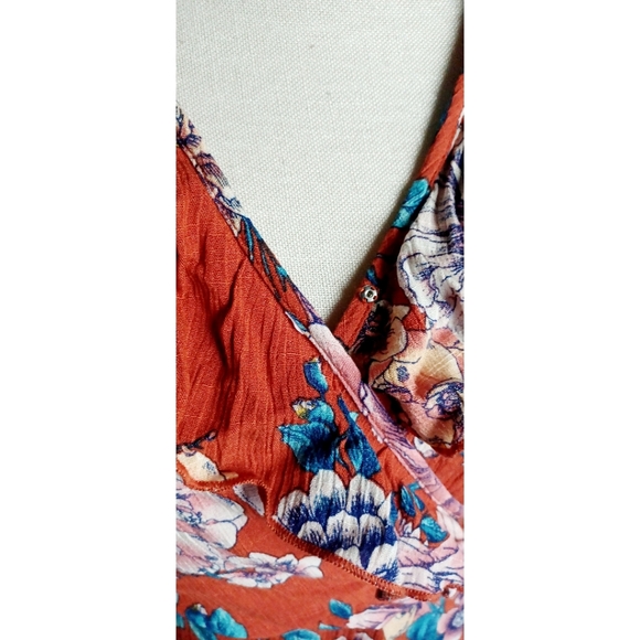 Band of Gypsies Ruffle V-Neck Faux Wrap Maxi Dress - Burnt Orange/Blue-Multi - Picture 10 of 16